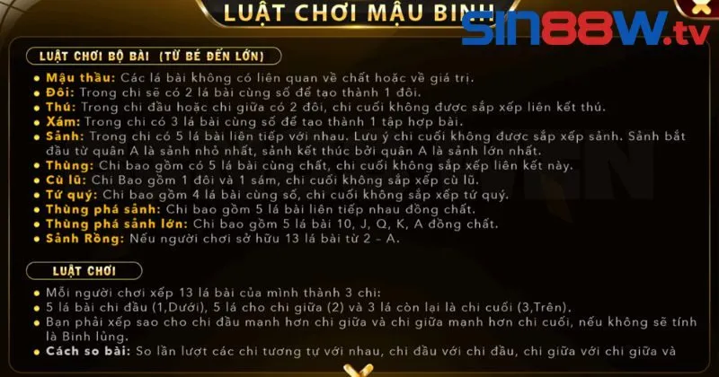 Luật chơi Mậu Binh tại cổng game Sin88
